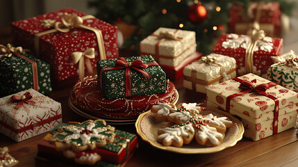 Naklejka premium A festive gift exchange moment captured with an assortment of wrapped gift boxes and a plate of intricately decorated Christmas cookies 