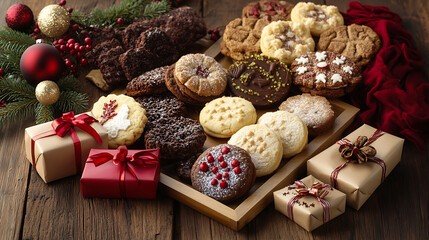 Fototapeta premium A festive flat lay featuring assorted Christmas cookies, gift boxes tied with ribbons, and holiday ornaments on a rustic wooden surface 