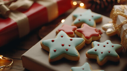 A close-up of colorful Christmas cookies shaped like stars and trees placed next to elegantly wrapped gift boxes under warm festive lighting 