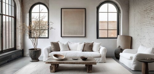Minimalist living room featuring an old grunge coffee table and a large framed art piece.