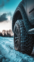 Snow-covered car tires on a winter road close-up