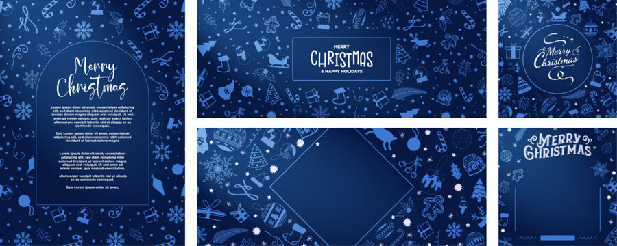 Elegant Blue and White Christmas Season Template Designs with copy space. Merry Christmas Greeting Cards and layouts in vertical poster, banner, and square format. Hand drawn christmas doodles. Vector