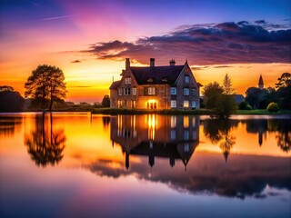 Fototapeta premium Lakefront manor, twilight's embrace, stunning silhouette.