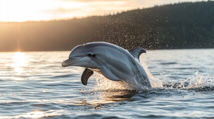 Fototapeta premium Joyful Dolphin Leaping Out of Water at Sunset - A Moment of Wholesome Beauty and Happiness