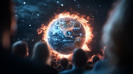 Obraz premium Earth's Final Moments: A Dramatic Visualization of Planet in Flames Surrounded by Silhouetted Figures Witnessing the Catastrophe of Climate Change and Destruction