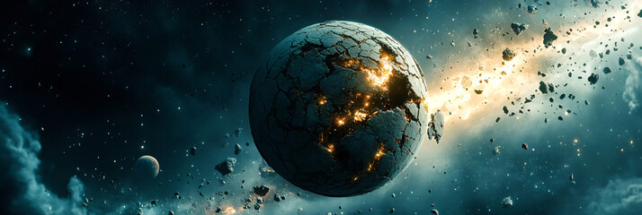 Earth Crumbling Like a Cookie, with Pieces Falling into Space as Stars Glow in the Background 