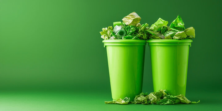 Green recycling bins filled with waste, promoting eco friendly practices