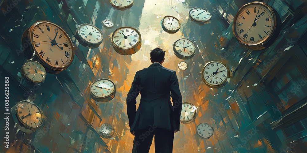 Poster man standing in a surreal alleyway with clocks flying past him.
