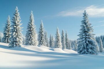 a serene winter landscape featuring snow-covered pine trees under a clear blue sky soft sunlight illuminating the scene
