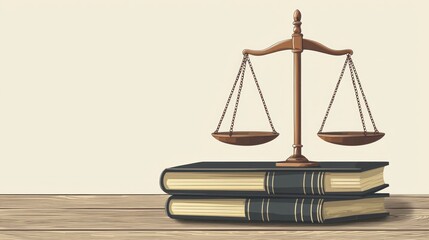 Legal Justice Concept - Balance Scale and Law Book 2D Illustration with Copy Space on Clean Background