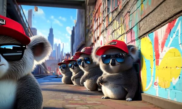 Cool Koalas in Sunglasses and Hats Lean Against a Wall.