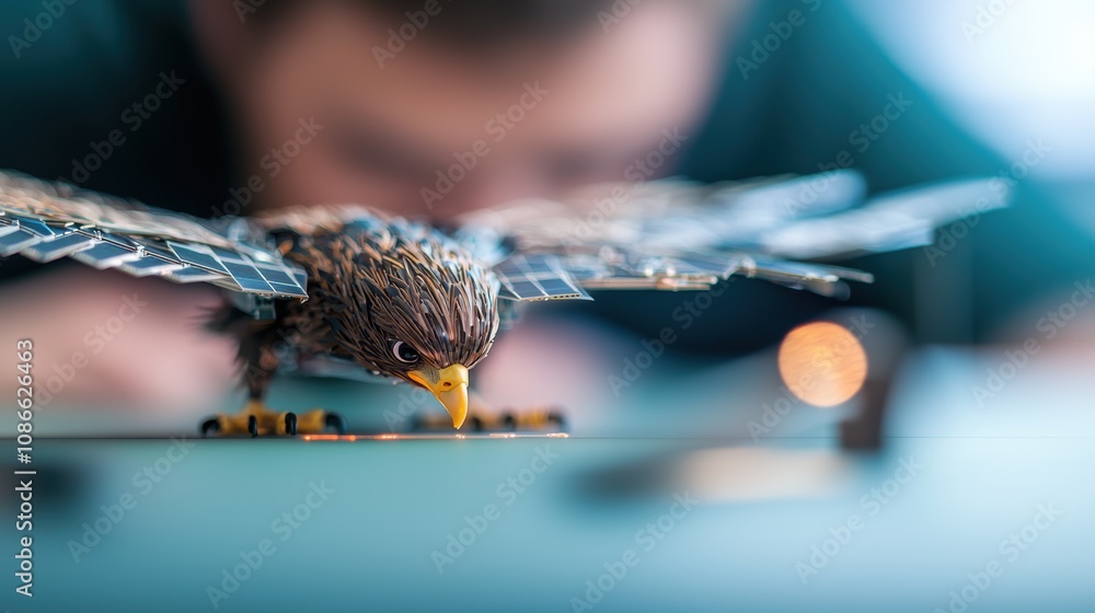 Poster a team of scientists studying data collected by a robotic eagle with solar powered wings, showcasing