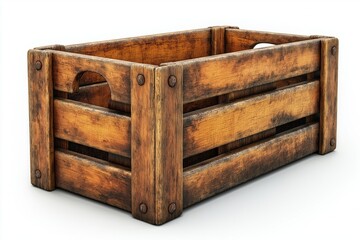 Beer bottles in an old wooden box on white background