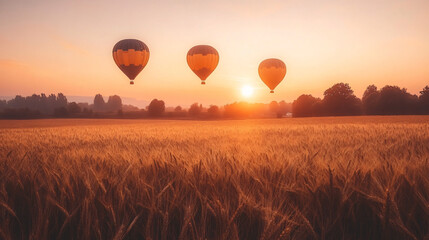 Obraz premium A group of hot air balloons floating over a golden wheat field at dawn