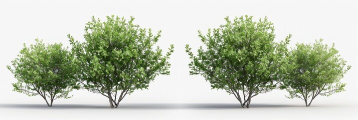 Four Lush Green Bushes Isolated on a White Background