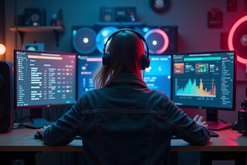 A woman with a denim jacket and headphones sits in front of a crypto mining rig at home