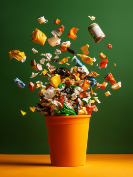 Recycling concept with colorful waste materials in pot