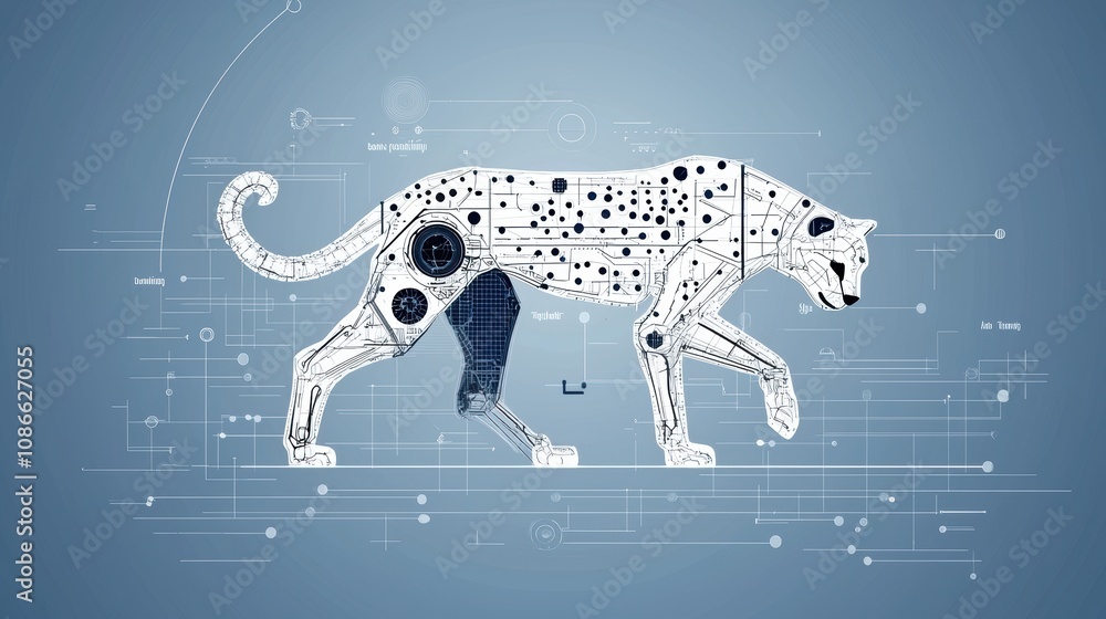 Poster a blueprint overlaying a robotic cheetah, highlighting the intricate design and engineering behind i