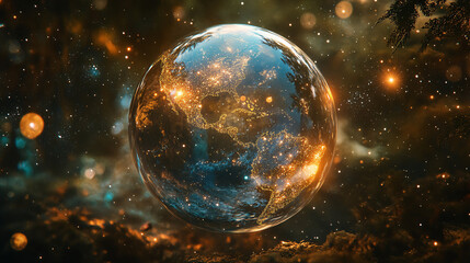 Earth Floating in a Crystal Ball, Surrounded by Stars and Galaxies, Radiating a Soft Glow 
