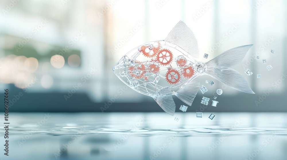 Poster a robotic fish submerged in a testing tank, its transparent body revealing the complex network of ge