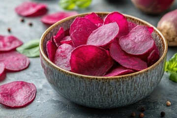 Crispy colorful beetroot chips in bowl for healthy snacking