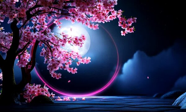 Pink cherry blossoms framing a glowing circle and full moon.
