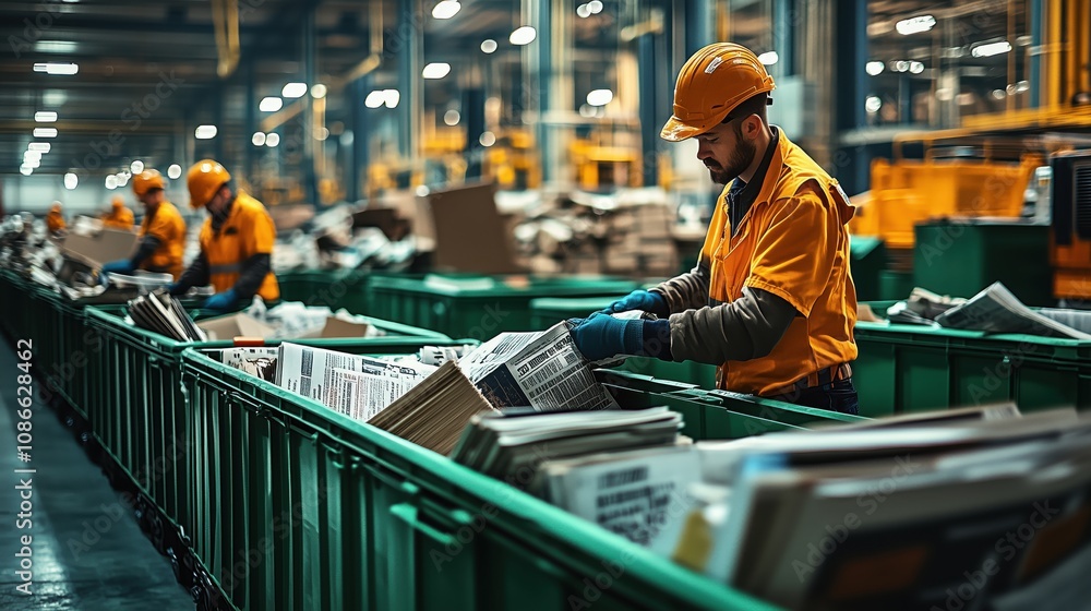 Poster workers in orange uniforms sort newspapers in a large warehouse, emphasizing efficiency and teamwork