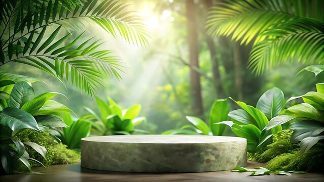 Empty round stone pedestal podium with fresh green leaves background, mockup for product advertising