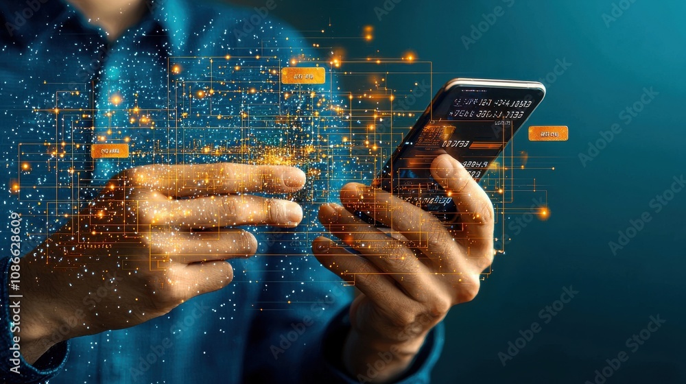 Poster blurring payment card details on phone screen digital security smartphone technology environment use