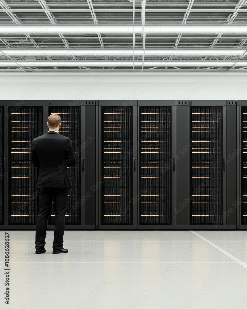 Poster a person in a suit observes a row of server racks in a modern data center, highlighting technology a