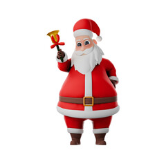 Festive Holiday Santa Claus Cartoon. A Santa Claus man stands with his right hand holding a yellow bell.  3D Christmas Design
