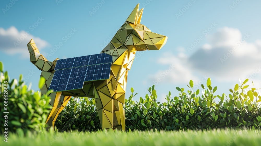 Poster a robotic dog equipped with solar panels and sensors, patrolling a perimeter fence, demonstrating it