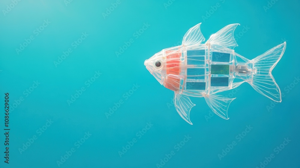 Poster a robotic fish with solar cells and underwater cameras, autonomously monitoring and collecting data 