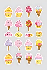 Adorable Kawaii Sweets Collection: Cupcakes, Ice Cream Cones, Lollipops, and Candy Stickers - Delightful Pastel Treats for Digital Design