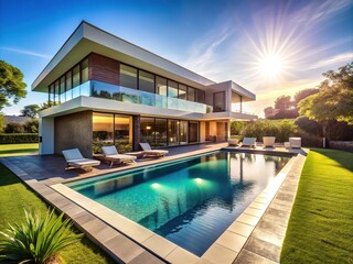 Fototapeta premium Modern home, sleek design, poolside paradise, lush landscaping.
