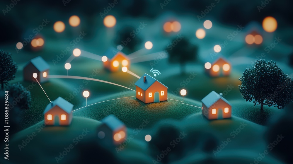 Poster a network of interconnected devices, sensors, and appliances representing the internet of things, sy