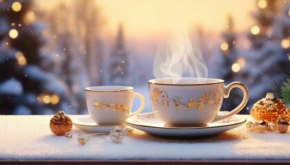Obraz premium Elegant victorian afternoon tea concept. A cozy scene featuring a steaming cup of tea on a snowy surface, adorned with elegant cups and festive decorations, evoking warmth and comfort.