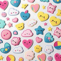 Fototapeta premium Colorful Kawaii Patches Featuring Cute Clouds and Hearts