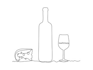 Glass bottle with wine,port, alcohol. wine glass, piece of cheese with holes, continuous single line art drawing sketch, logo
