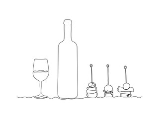 Glass bottle with wine,port, alcohol. wine glass, sandwiches canapes on skewers, continuous single line art drawing sketch, logo