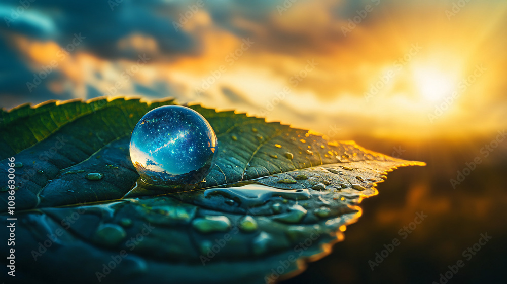 Poster earth hovering in a dew drop on a giant leaf, reflecting a dawn sky with stars and planets