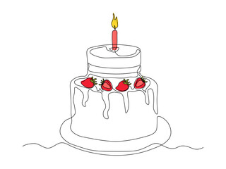 Birthday cake with burning candle and strawberries, dessert. continuous single line art drawing sketch, logo