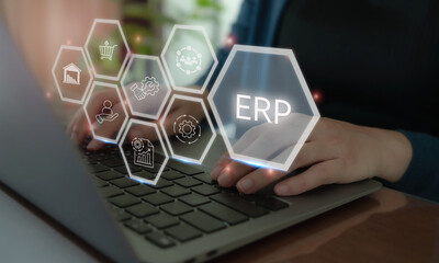 ERP system technology concept. Digital illustration depicting Enterprise Resource Planning (ERP) system with icons representing key functions such as inventory, data analysis and process automation.