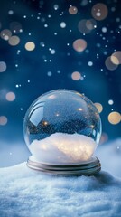 Empty snow globe on snowy surface. Christmas Eve concept.
