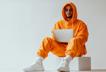 A stylish young man using his laptop and looking at the camera. Working with style. Simple isolated background. 
