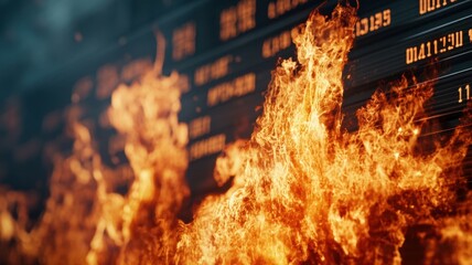 Obraz premium Close-up of a stock ticker in flames, illustrating the volatility and common investing mistakes in the market.