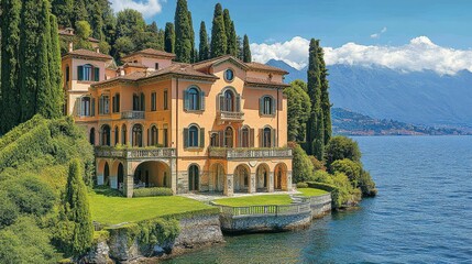 Obraz premium A picturesque villa by the lake surrounded by lush greenery and mountains.