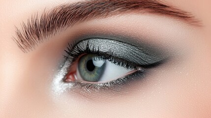 Obraz premium A dramatic smoky eye look, featuring blended shades of black, gray, and silver, creating a sultry and alluring effect.