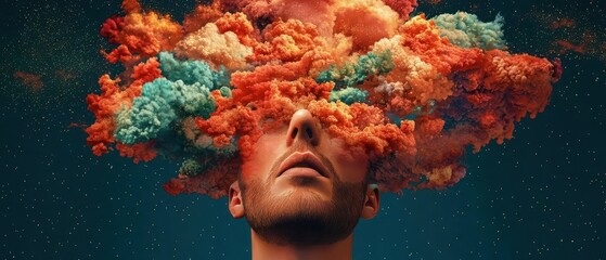 A surreal depiction of thoughts represented by colorful clouds above a person's head