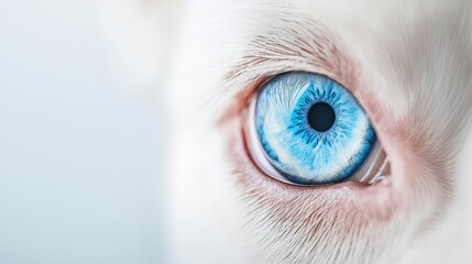 The vibrant blue eye of a Siberian Husky dog, highlighting its intelligence and loyalty, with a backdrop of snowy mountains.